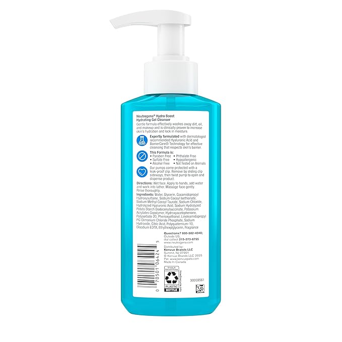 Neutrogena Hydro Boost Hydrating Face Wash & Makeup Remover, Gentle Facial Cleanser Gel with Hyaluronic Acid, Locks Moisture for Soft Supple Skin, Hypoallergenic, Oil-Free, Soap-Free, 7.8 fl oz