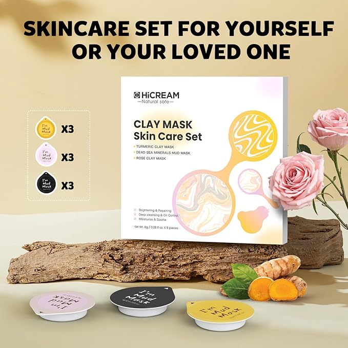 Clay Facial Mask Set 9 Pack - Turmeric Clay Mask - Rose - Dead Sea Minerals Mud Mask, Skincare Gift Set - Brightening, Moisturize & Deep cleansing for Dry, Sensitive Skin, Travel-Friendly & Portable