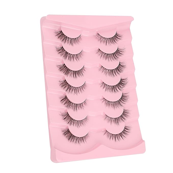 Eyelashes Natural Cat Eye Lashes 15mm Wispy Eyelashes Flared Fluffy Strip Lashes 0.1MM Thin Band False Eyelashes C Curl Lashes Siligli Eye Lashes Pack 7 Pair