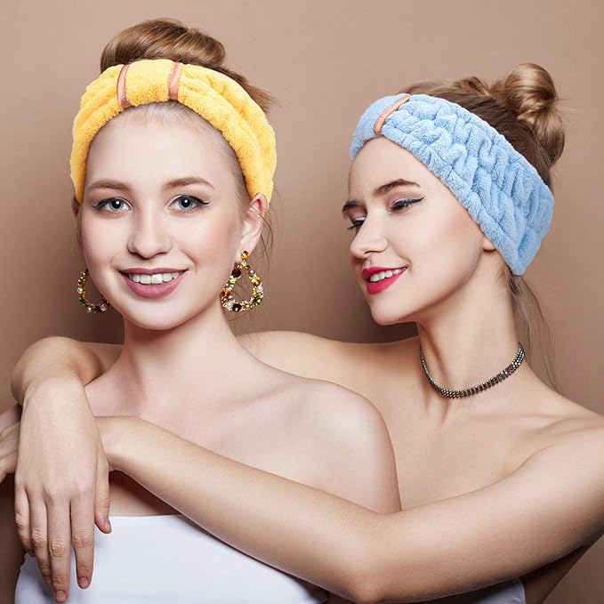 WILLBOND 4 Pack Microfiber Headbands Spa Facial Headbands Makeup Head bands Elastic Terry Cloth Head Wrap for Women Girls Washing Face Makeup Shower Yoga Sports(Bright Red, Light Blue, Yellow, Grey)