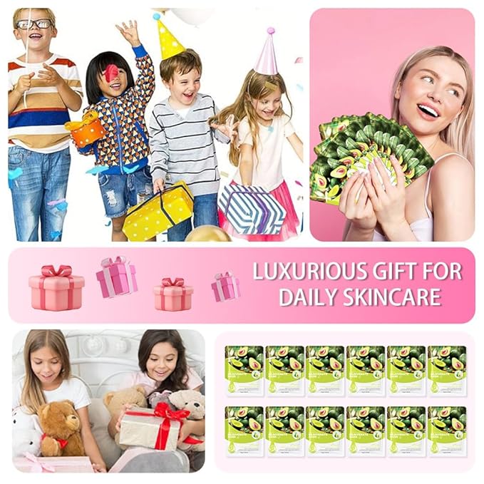 Kaely 12 Pack Avocado Face Masks for Kids, Kids Face Mask Spa Day Kit Supplies, Spa Party Favors for Teens Girls Night, Sheet Facial Mask Skincare Gifts Set, Hydrating Soothe for All Skin Types, 06