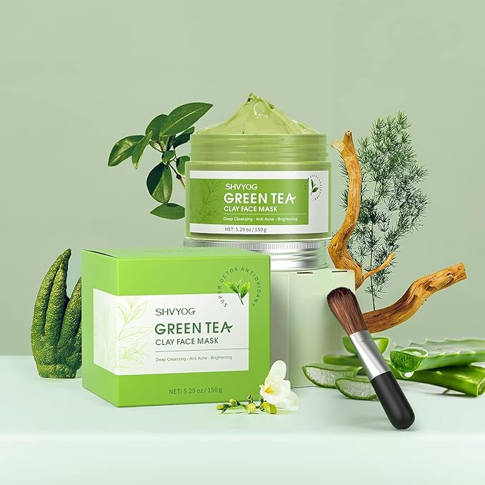 SHVYOG Green Tea Face Mask, Antioxidant Green Tea Clay Mask with Volcanic Mud, Deep Cleansing & Moisturizing & Hydrating Clay Facial Mask for Pores, Blackheads, Wrinkles, Dirts