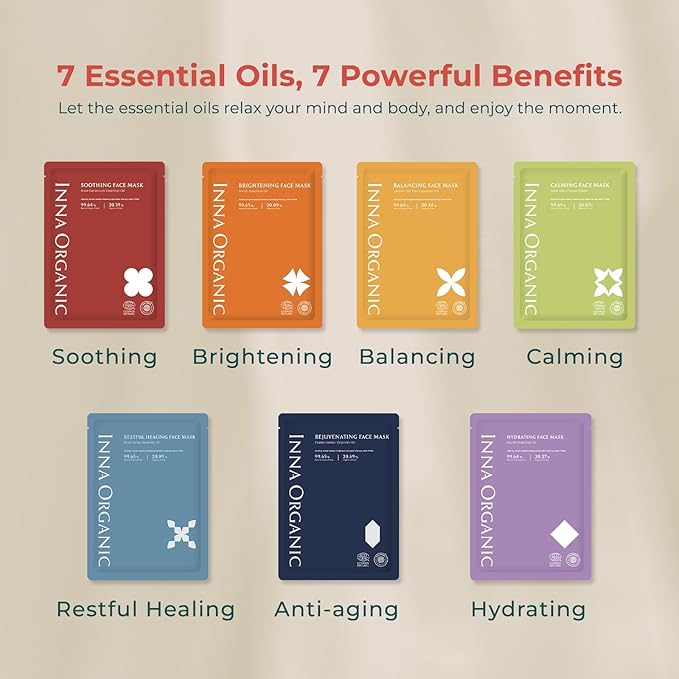 INNA ORGANIC Sheet Mask - Brightening & Radiance, EWG & COSMOS Certified (Pack of 5) | Neroli Essential Oils Infused Skin Care | Luxury Clean Beauty