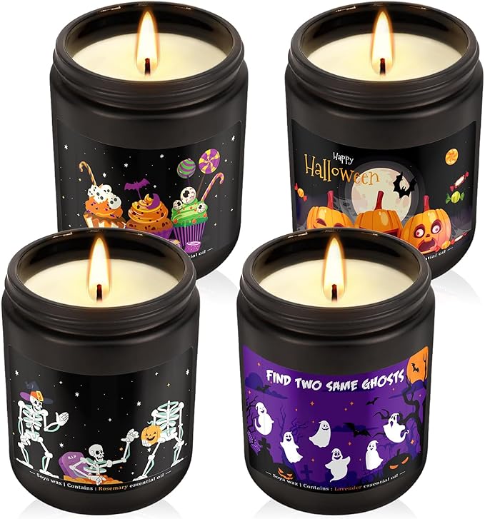 Halloween Scented Candle Set, 4-Pack 7oz Soy Wax Candles with 4 Fragrances, Long-Lasting Burning for Halloween, Christmas, Home Decor, Rituals & Themed Parties.