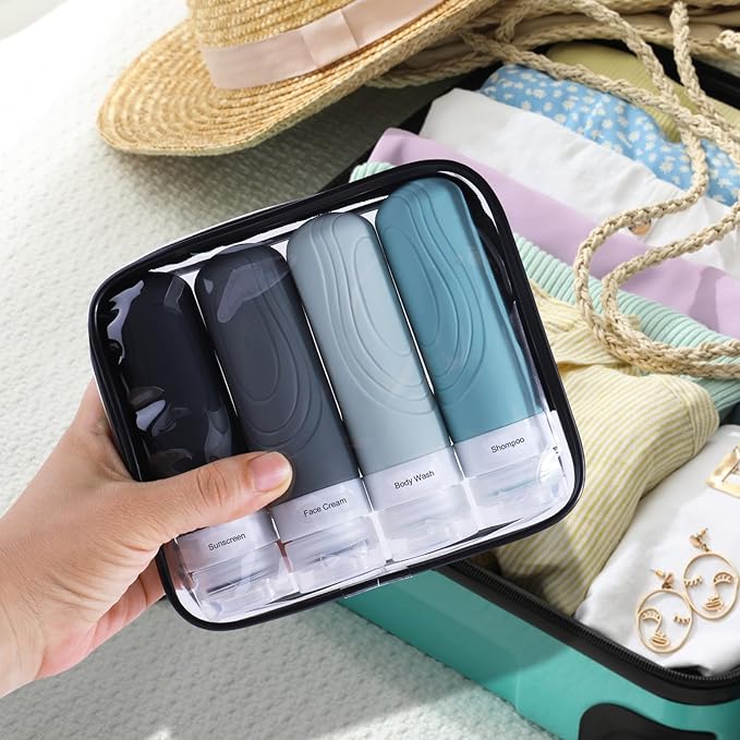 GLAMFIELDS Travel Bottles for Toiletries, TSA Approved 3oz Size Leak Proof Silicone Containers for Shampoo, Conditioner,Easy to Squeeze and Portable, Essentials for Traveling (4 Pack) Grey