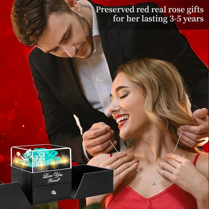 Preserved Blue Real Rose with Heart I Love You Necklace -Eternal Flowers Rose Birthday Gifts for Her Mom Wife Girlfriend Grandma on Valentines Mothers Day Christmas Anniversary Romantic-Negro Blue