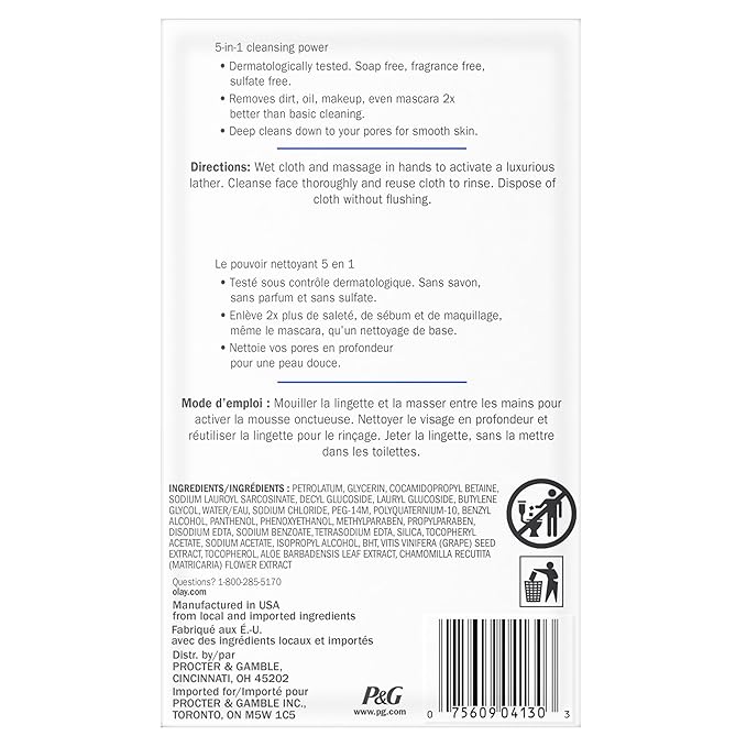 Olay Daily Facials, Deeply Purifying Clean, 5-in-1 Cleansing Wipes with Power of a Makeup Remover, Scrub, Toner, Mask and Cleanser, 66 Count