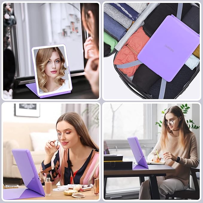 deweisn Folding Lighted Makeup Mirror with 72 LEDs 3 Colors Light Modes USB Rechargable 1800mA Batteries Portable Ultra Thin Compact Vanity Mirror Dimmable Travel Mirror