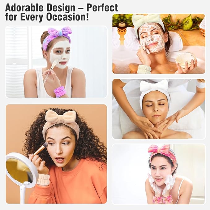 Spa Headbands for Women with Wristband Set: Facial Makeup Headbands for Girls & Teens - Soft Coral Fleece Elastic Hair Wraps with Wrist Accessories for Washing Face Shower Bath Beauty Skincare Gifts