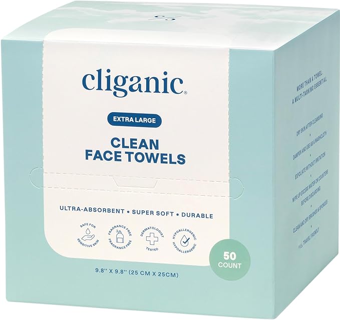 Cliganic Clean Face Towels XL, Bulk Size (200 Count), Disposable, Ultra-Absorbent, Hypoallergenic & Soft - Makeup Remover Dry Wipes, Pamper Your Face, Hygienic Towelettes, for All Skin Types