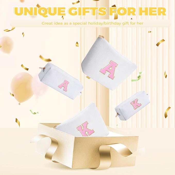 Makeup Bag Set Initials Cosmetic Bag,Gifts for 10 11 12 13 14 15 16 17 18 Years Old Girl Girlfriend Teen Girls Gift Trendy Stuff Personalized Toiletry Bag Travel - White,A