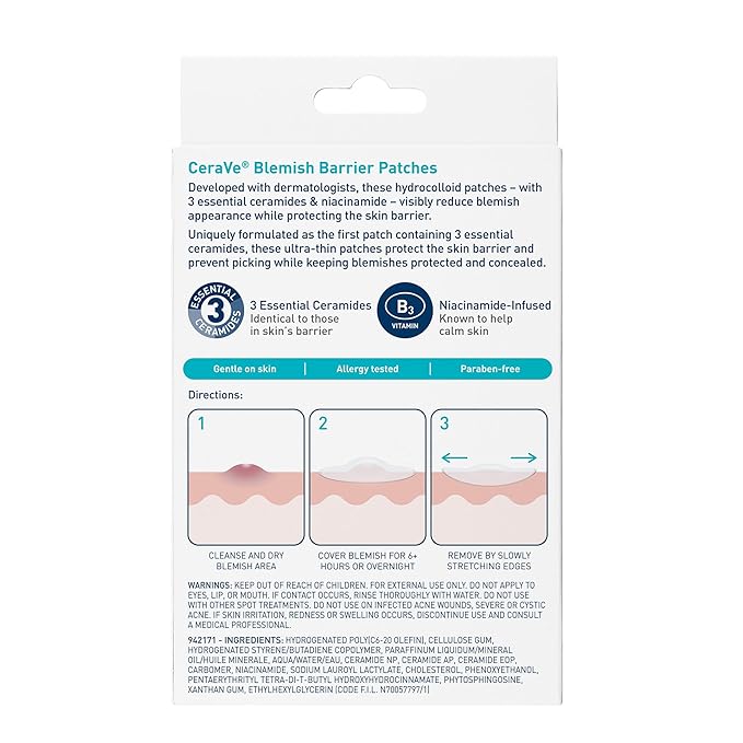 CeraVe Hydrocolloid Blemish Patches, Oil Absorbing Spot Control with Ceramides and Niacinamide, Allergy-Tested & Suitable For Sensitive Skin, Ultra-Thin & Blends Into All Skin Tones, 22ct