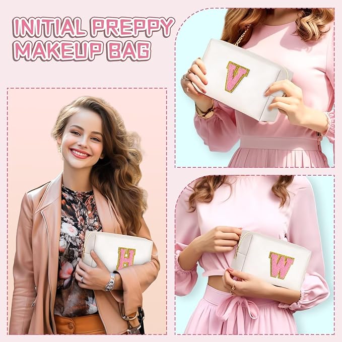 TOPEAST Preppy Makeup Bag, Small Cosmetic Travel Bags for Women, PU Leather Waterproof Toiletry Bag with Zipper, Personalized Birthday Gift for Women Girl, Preppy Gifts for Girl (Pearly White Y)