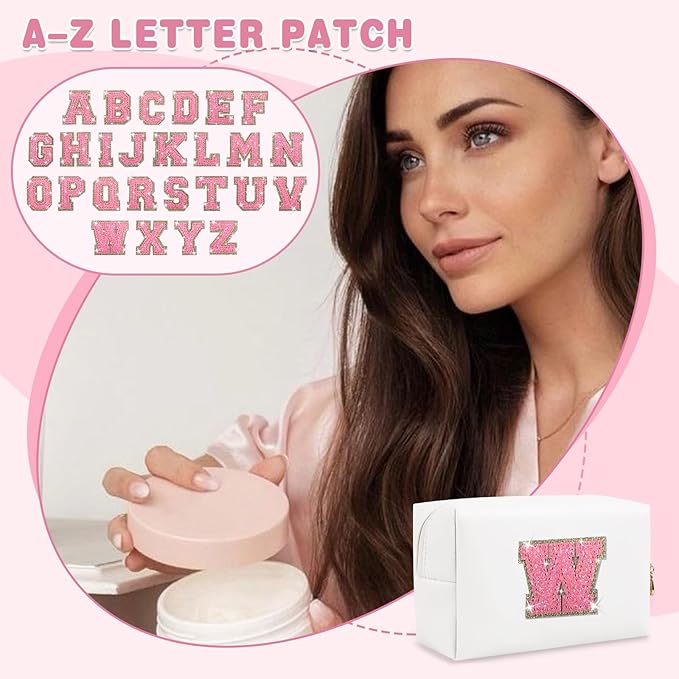 Small Initial Patch Makeup Bag Personalized Gifts Make Up Bag,White Cute PU Leather Glitter Letter Cosmetic Bag with Zipper,Trendy Portable Travel Toiletry Pouch,Preppy Stuff for Teen Girls Women W