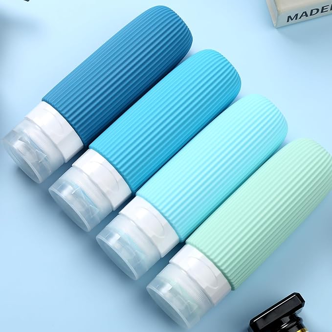Travel Bottles for Toiletries, Tsa Approved 3oz Portable Travel Bottles, BPA Free Leak Proof Squeezable Silicone Travel Size Containers, Travel Accessories with Clear Toiletry Bag (4 Pack)