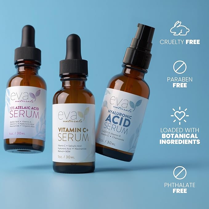 Eva Naturals Radiant Skin Serum Trio – Vitamin C+, Hyaluronic Acid & Azelaic Acid | Anti-Aging & Hydrating Face Serums for Dark Spots, Fine Lines, Acne & Redness