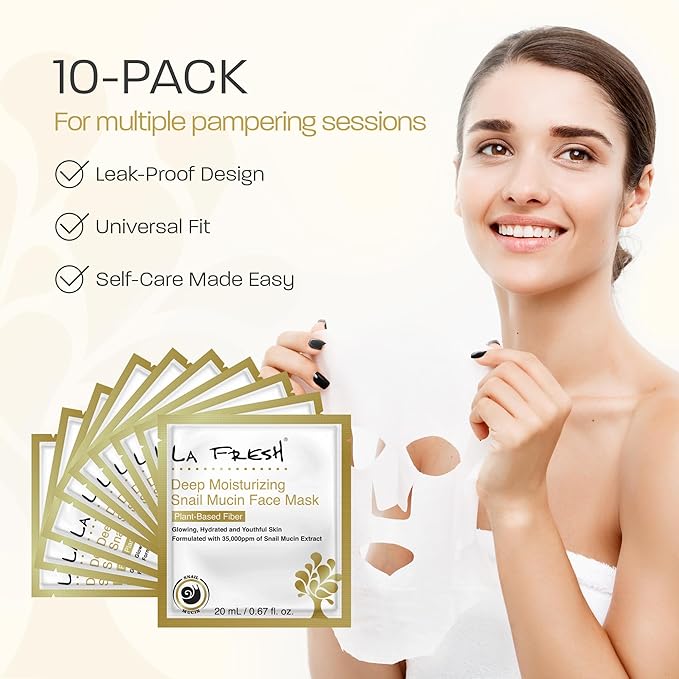 La Fresh Deep Moisturizing Snail Mucin Sheet Mask, Glow, and Hydration Face Mask with Snail Mucin Essence, 10 Count