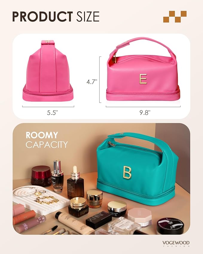 Birthday Gifts for Women 30s, Personalized Makeup Bag with Handle, Initial Double Layer Cosmetic Bag with Makeup Brush Organizer, Cute Cosmetic Pouch for Women, Gift for Friends Female Mom