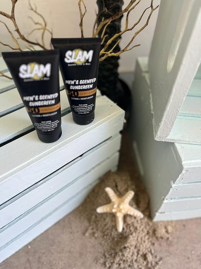 SLAM GentleMan Men's Sunscreen Lotion SPF 50 & Moisturizer – Face & Body Sunblock, Anti-Aging, Water-Resistant, Hawaii Act 104 Safe, Skincare for Men, Cologne Scented – 3 fl oz. each. Double pack.