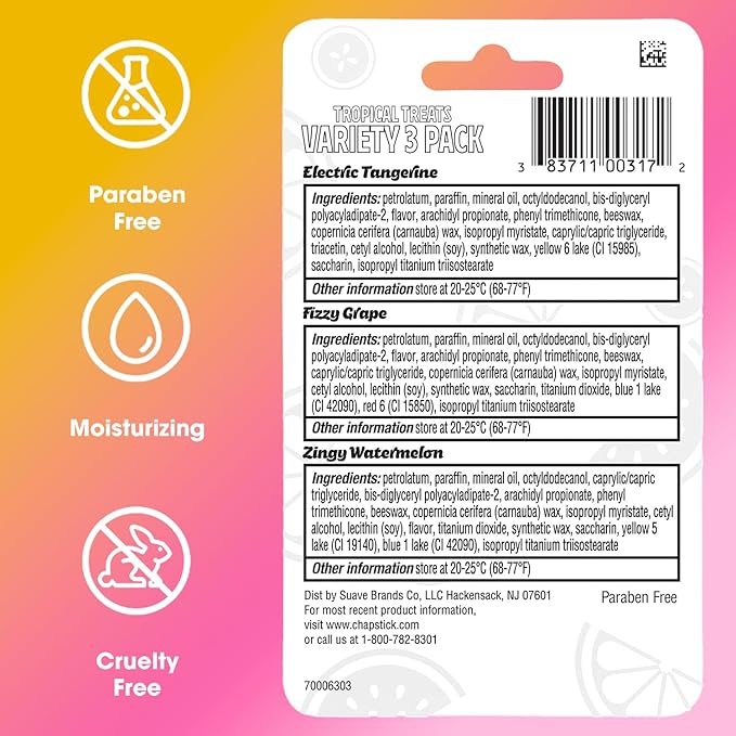 ChapStick Lip Care, Tropical Treats Collection (36 Sticks) – Electric Tangerine, Fizzy Grape & Zingy Watermelon, Bulk Lip Balm, 0.15 Oz Ea