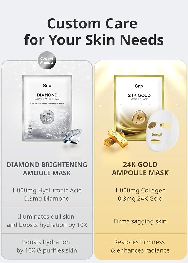 SNP 100% Diamond + 1000mg Hyaluronic Acid Sheet Mask | Tightening, Hydrating, and Nourishing with Real Diamonds for All Oily Skin Types | Korean Face Mask Skincare | Facial Moisturizing | 10 Sheets