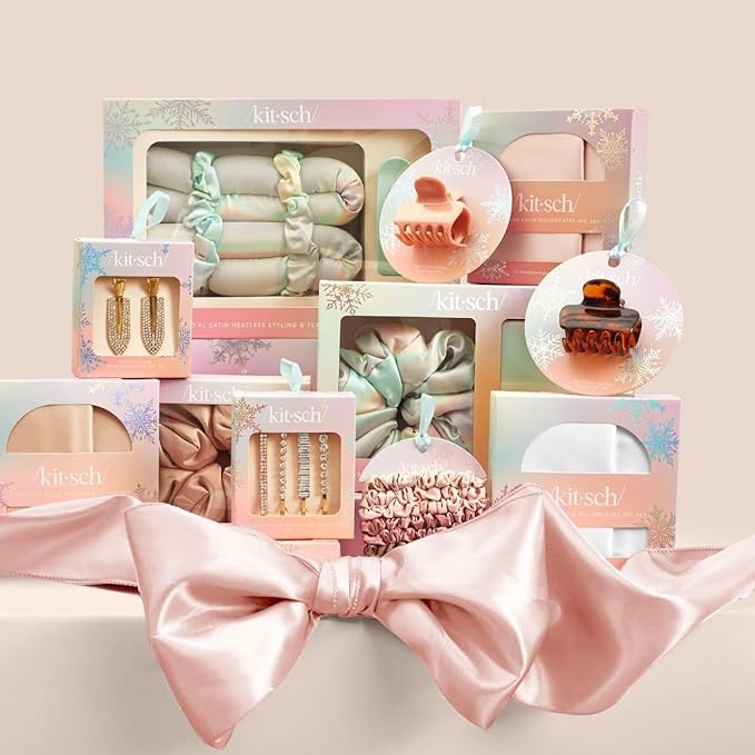 Kitsch Holiday Hair Hero XL Satin Heatless Styling & Flat Lay Claw - Heatless Curls & Waves, Extra Large Curling Rods, Satin Scrunchies & Claw Clip for Hair Protection, Gifts for Women- 4pc set, Aura
