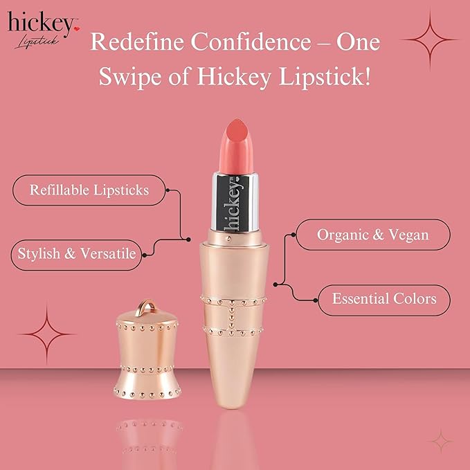 Hickey Lipstick for Women, Organic Beach Babe Coral Refillable Lipstick - Hydrating & Moisturizing Long Lasting Lipstick - Vegan & Gluten-Free with Velvet Finish - Highly Pigmented, Smooth & Creamy
