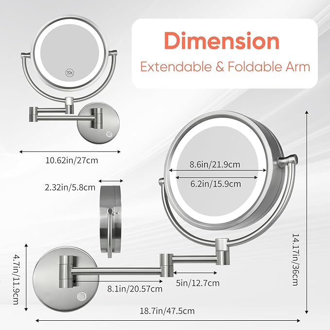GURUN 8.5 Inch Magnifying Makeup Mirror with 3 Tones Dimmable LED Lights Double Sided Touch Control Vanity Mirror for Bathroom with 10X Magnification M1809DN (Brushed Nickel/10X)