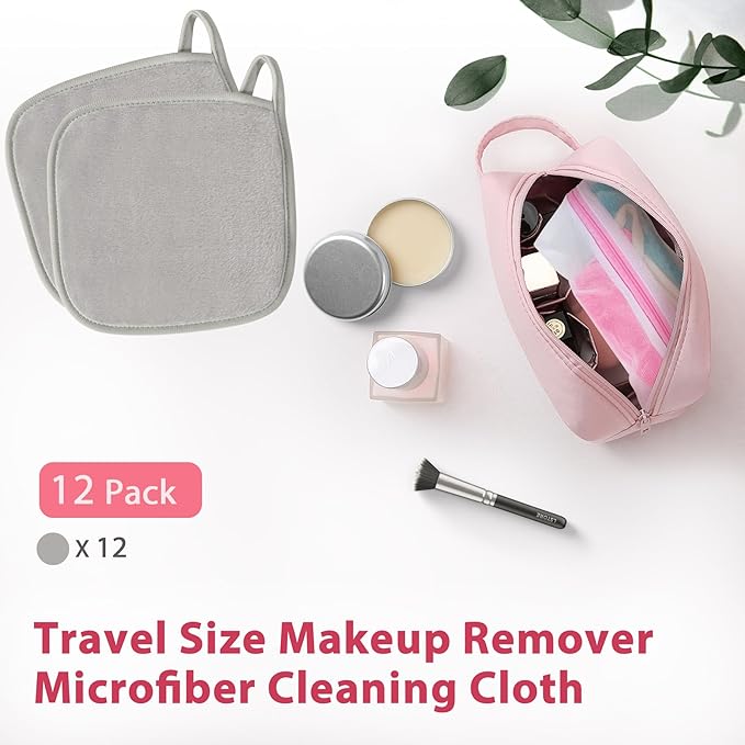 Makeup Remover Cloth, 6" x 6" Make Up Towels Reusable Face Cloth for Washing Face, 12 Pack Makeup Remover Pads Microfiber Face Washcloth with Mesh Bag, Light Grey