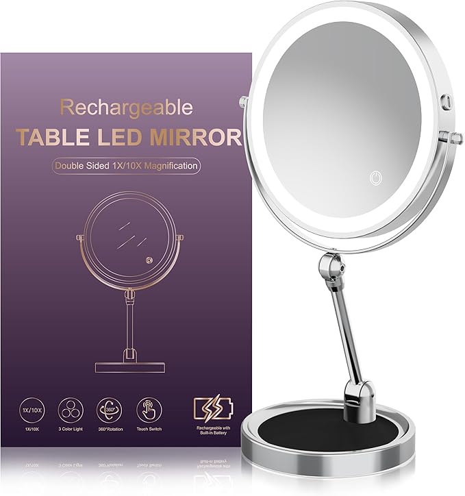 9" Large Lighted Makeup Mirror with 1X/10X Magnification, 4000mAh Rechargeable Vanity Mirror with Height Adjustable & 3 Color Dimmable Lights, 360°Swivel Double Sided Tabletop Cosmetic Mirror