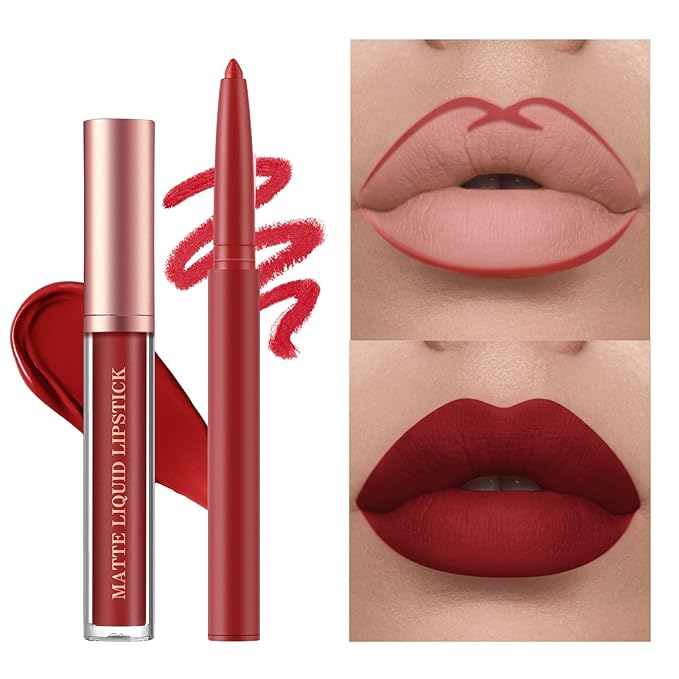6pcs Nude Lip Liner and Lipstick Makeup Set, 3 Velvety Matte Liquid Lipsticks + 3 Matching Smooth Lip Liner One Step Lips Makeup Kits Waterproof Long Lasting Matte Lipstick Gift SetLip Liner and Lipstick (Set E, 6)