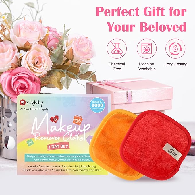 Orighty Makeup Remover Cloths 7-Day Set, Premium & Reusable Makeup Remover Pads, Erase Make-up With Just Water, Make-up Set For Eyes, Lips, Foundation and more, Ideal Choice For Women (Rainbow)