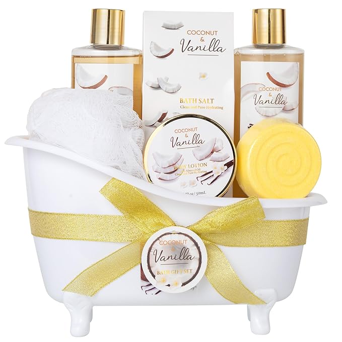 Christmas Gifts for Women and Men - 8-Piece Luxury Coconut Vanilla Bath & Body Gift Set for Women Self Care Kit Spa Gift Baskets | Perfect Gifts for Mom, Birthday Gifts, All Occasion Holiday Present