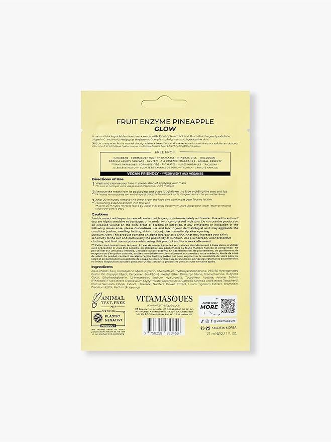 Vitamasques Pineapple Face Sheet Mask 7 Pack - Korean Skin Care Facial Mask Boost Skins Natural & Dewy Glow with Vitamin C, Hyaluronic Acid, and Pineapple Extracts