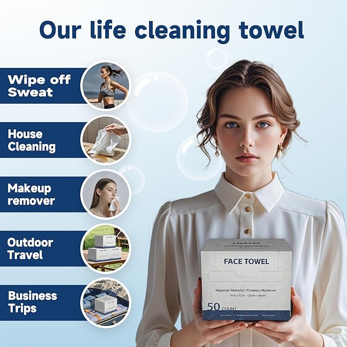 Face Towels, 10” x 12”, Face Towelettes Disposable, Extra Thick Soft and Absorbent for Sensitive Skin, Disposable Face Towel for Makeup Remover, Dry Wipes, 100 Count(2 Pack)