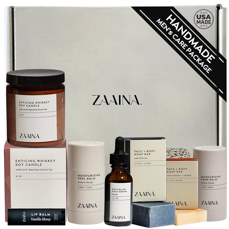 ZAAINA Men’s Self Care Kit – Luxury Spa Gift Set for Men with Face Serum, Soaps, Heel Balm & Lip Balm – Grooming Care Package for Men – Birthday & Relaxation Kit (Premium Set with Whiskey Candle)