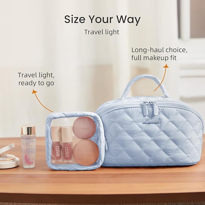 LOVEVOOK Travel Makeup Bag for Women, 2Pcs Set Puffer Waterproof Cosmetic Organizer, Large Capacity Pouch Open Flat Toiletry Bag with Divider & Handle, Portable Gift for Her