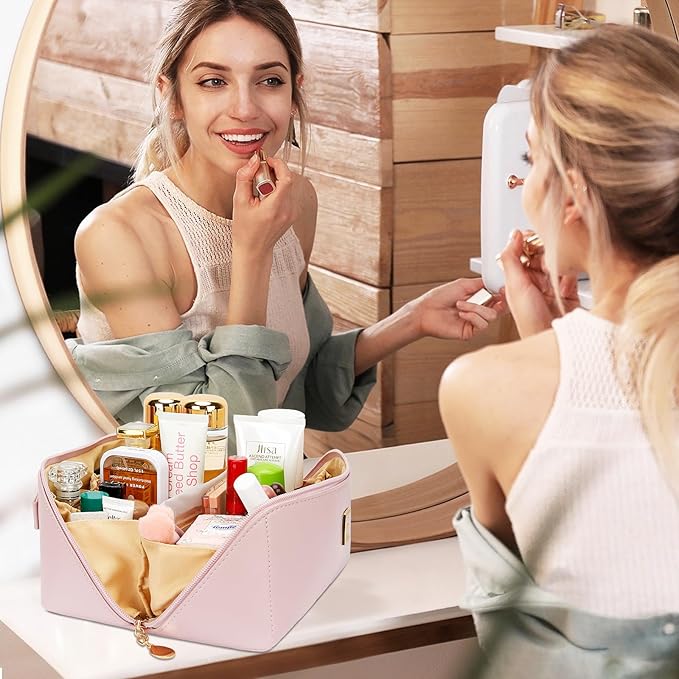 Birthday Gifts for Women Teen Girl, Personalized Initial Makeup Organizer Bag Set, Open Flat Travel Cosmetic Bag With Clear Divider and Handle(Pink,T)