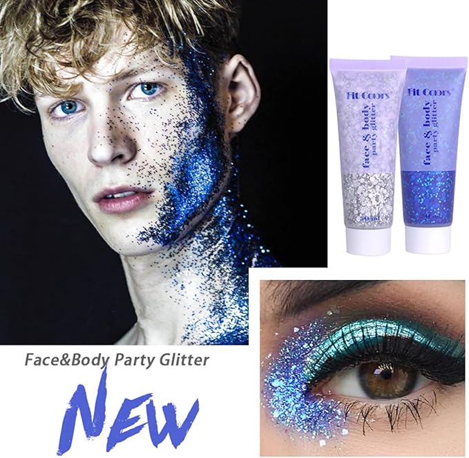 MEICOLY 2pcs Clear White Face Body Glitter,Mermaid Face Glitter Gel,Singer Concerts Festival Rave Accessories,Chunky Sequins Glitter Face Paint for Women and Kids,Sparkling Glitter Makeup