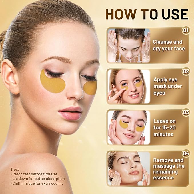 24K Gold Infused Hydrogel Eye Patches - 30 Pairs for Dark Circles, Wrinkles, Eye Bags & Puffy Eyes | Retinol & Collagen Complex, Hydrating Firming Treatment Alternative (Gold)