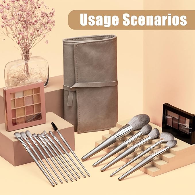 Makeup Brushes, 14 Pcs Professional Makeup Brush Set, Eye and Face Foundation Brush Set, Eyeshadow Brushes, Cosmetic Brushes, with PU Bag, Grayish