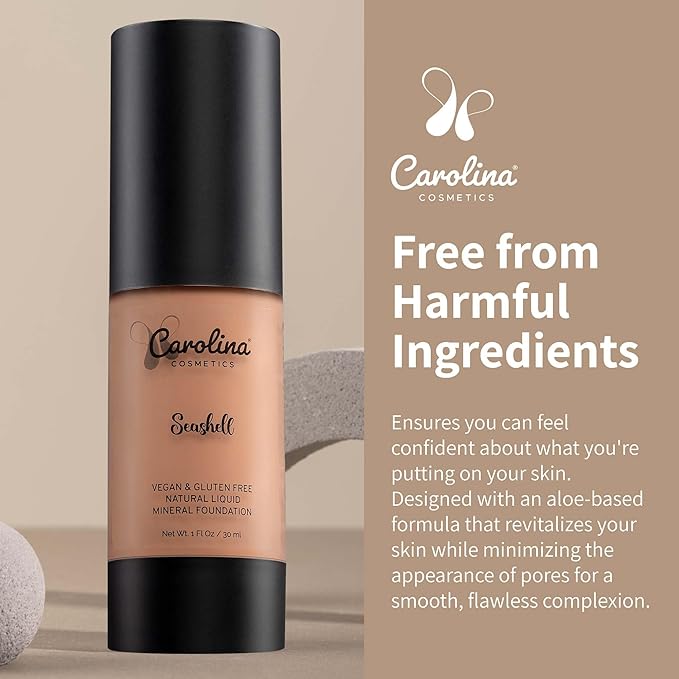 Plant-Based Foundation in Seashell Shade - Hydrating, Pore-Minimizing & Buildable Coverage - Vegan, Non-GMO, Gluten-Free, Paraben-Free- Sun Protection - 1Fl Oz