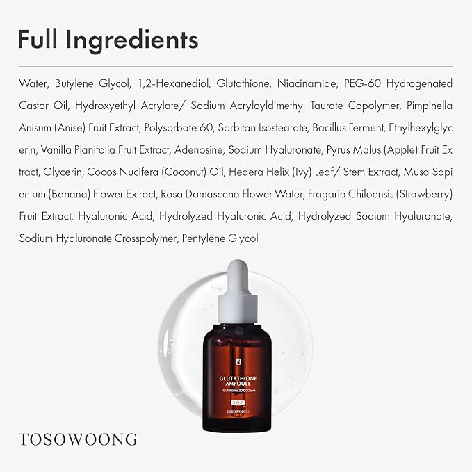 TOSOWOONG Glutathione Serum with 20,000ppm Glutathione, Niacinamide and hyaluronic acid, Dark Spot, Improve skin elasticity, Revitalize complexion, Korean Skincare, 2.02 fl. oz.