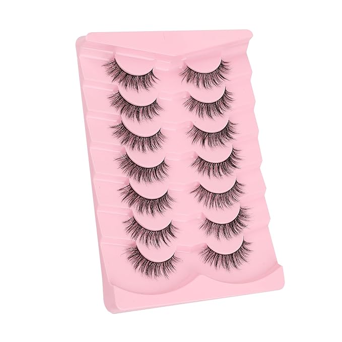 Wispy Lashes False Eyelashes 16mm Strip Lashes Fluffy Eyelashes C Curl Lash Strips Fake Eyelashes Natural with 0.1MM Thin Cotton Band Siligli 3D Volume Eyelash Pack 7 Pair
