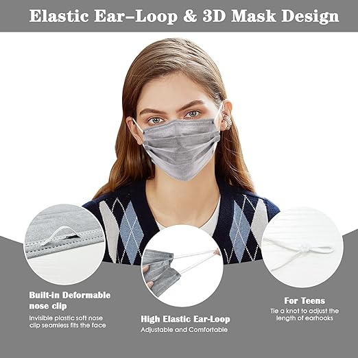 DC-BEAUTIFUL 100 Pcs Grey Disposable 3 Ply Earloop Face Masks,Fit for Adults