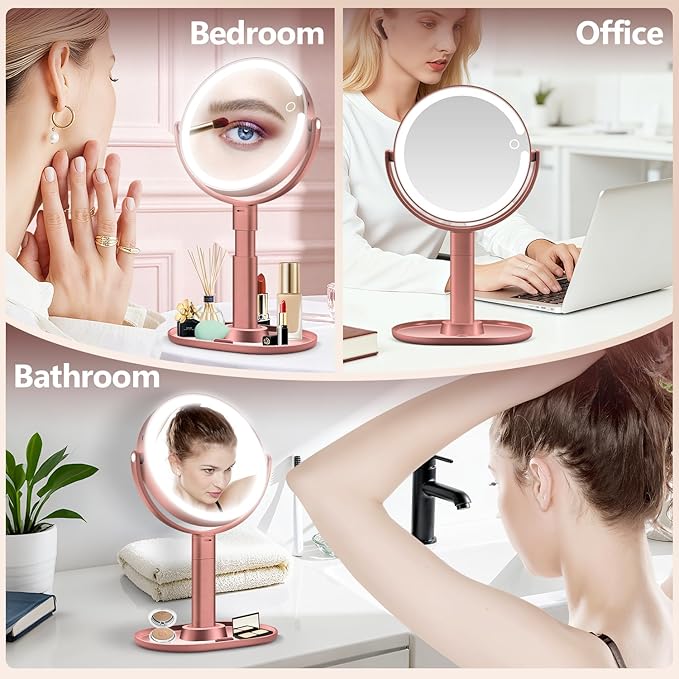 MIYADIVA Makeup Mirror with Lights, 30X Magnifying Mirror with Light and Touch Switch, Vanity Mirror with 3 Color Light and 80 LEDs, Height Adjustable Desk Mirror with Lights, Rose