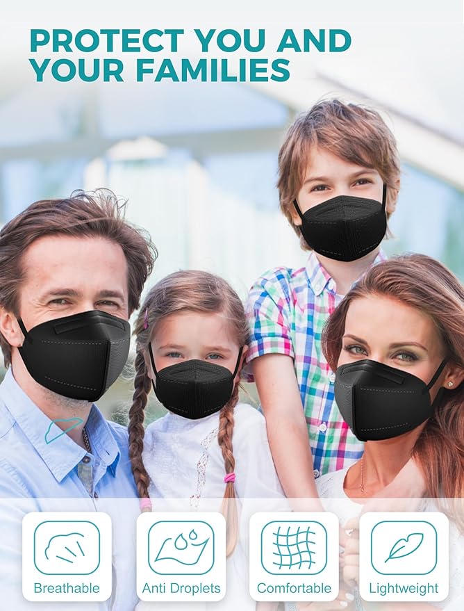 TOPMAX KN95 Face Masks 50 Pack 5-Ply Breathable Filter Efficiency≥95% Protective Cup Dust Disposable Masks Against PM2.5 Black