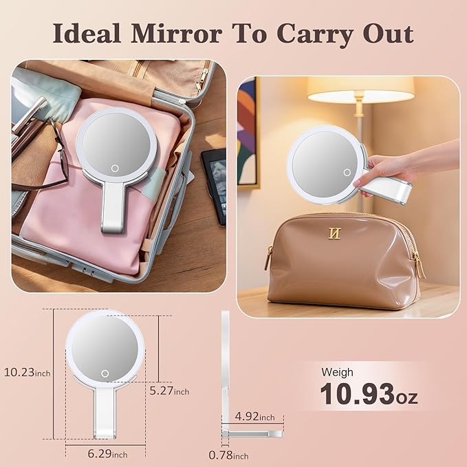 Travel Makeup Mirror with 3 Color Lights, 15X/1X Double Sided Lighted Magnifying Mirror, Portable Handheld Mirror, 3 in 1 Tabletop/Handheld/Hanging, Ideal Gift for Women in Home, Office, Trip, White