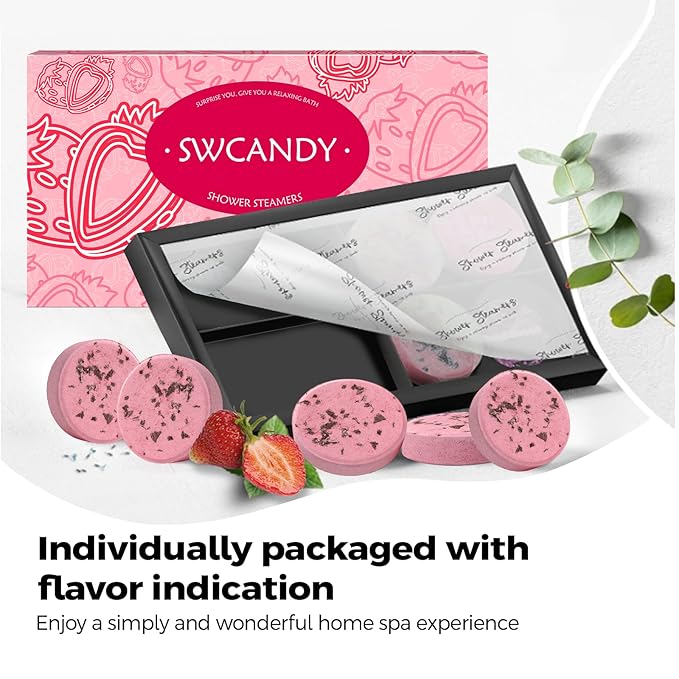 Shower Steamers Aromatherapy Birthday Gifts for Women - SWCANDY 8 Pcs Stocking Stuffers Gifts for Adults Mom Men Teen Self Care with Natural Essential Oils Relaxation Home SPA Christmas Strawberry