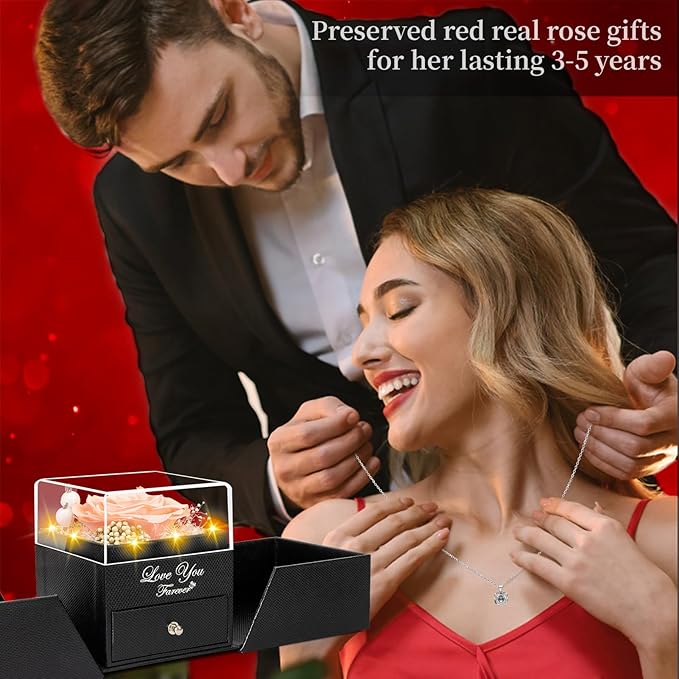 Preserved Red Champagne Real Rose with Heart I Love You Necklace -Eternal Flowers Rose Birthday Gifts for Women Her Mom Wife Girlfriend Grandma on Valentines Mothers Day Christmas Anniversary